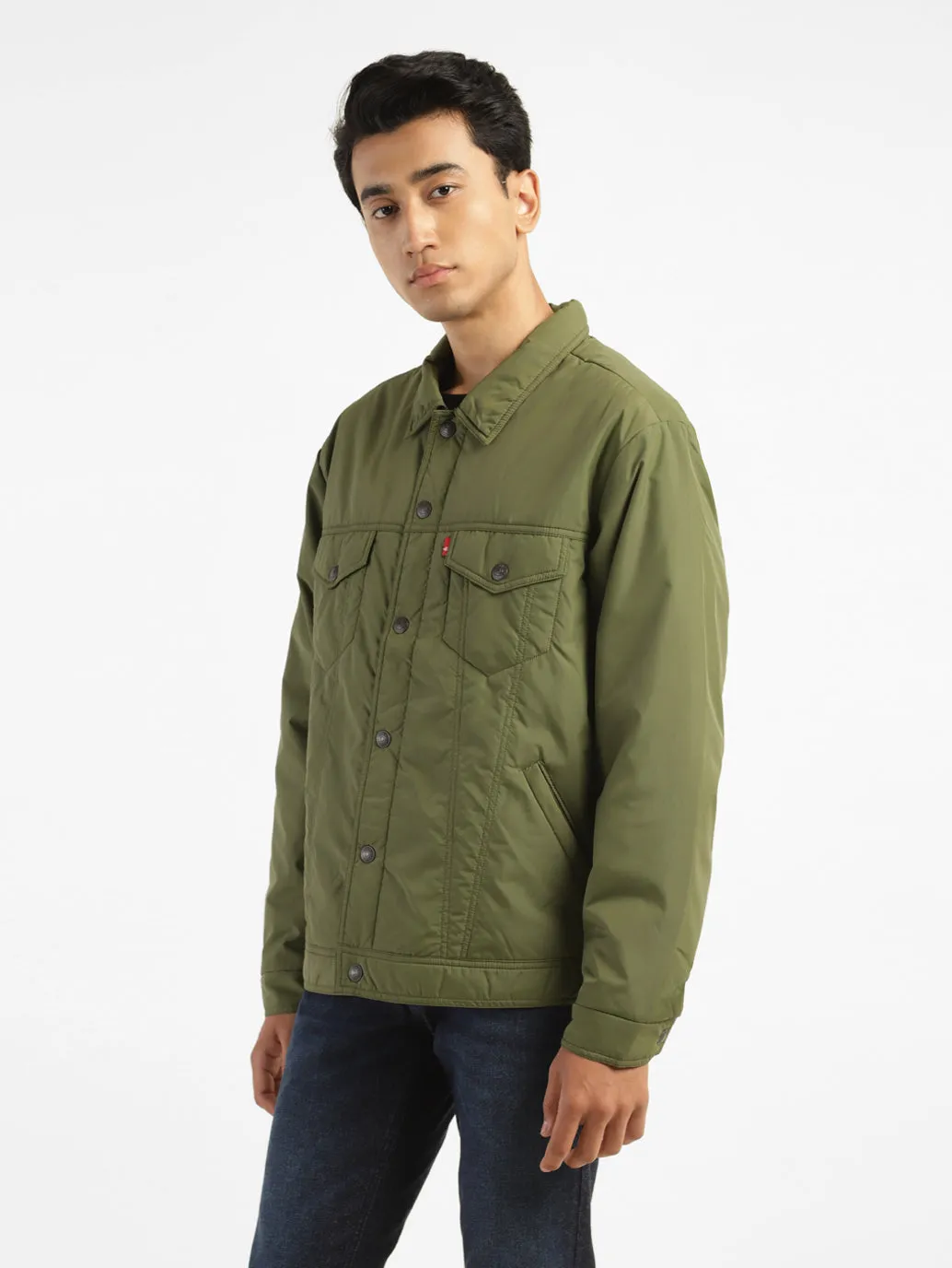 Men's Solid Green Collar Neck Padded Jacket