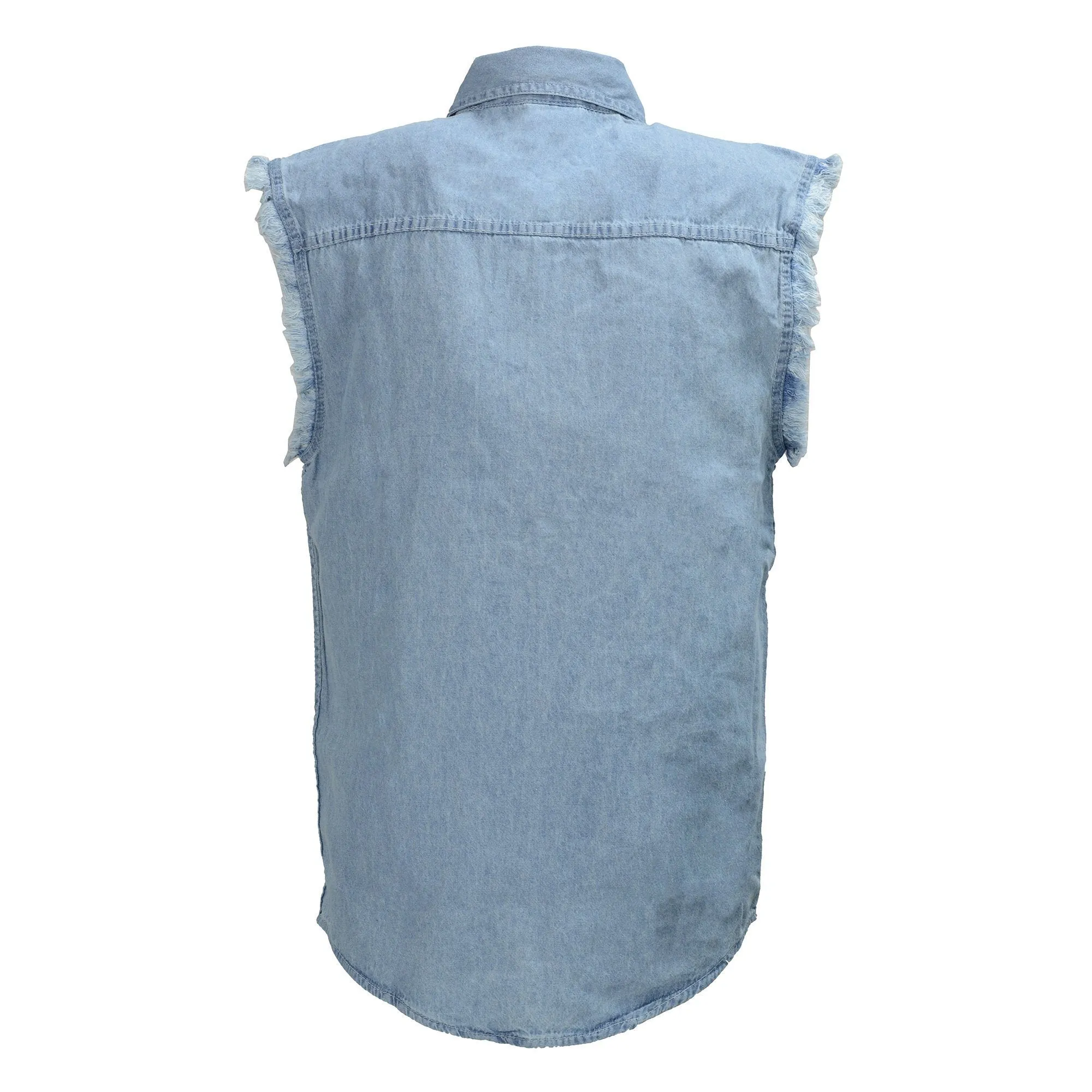 Milwaukee Leather DM1001 Men's Blue Lightweight Denim Shirt with with Frayed Cut Off Sleeveless Look