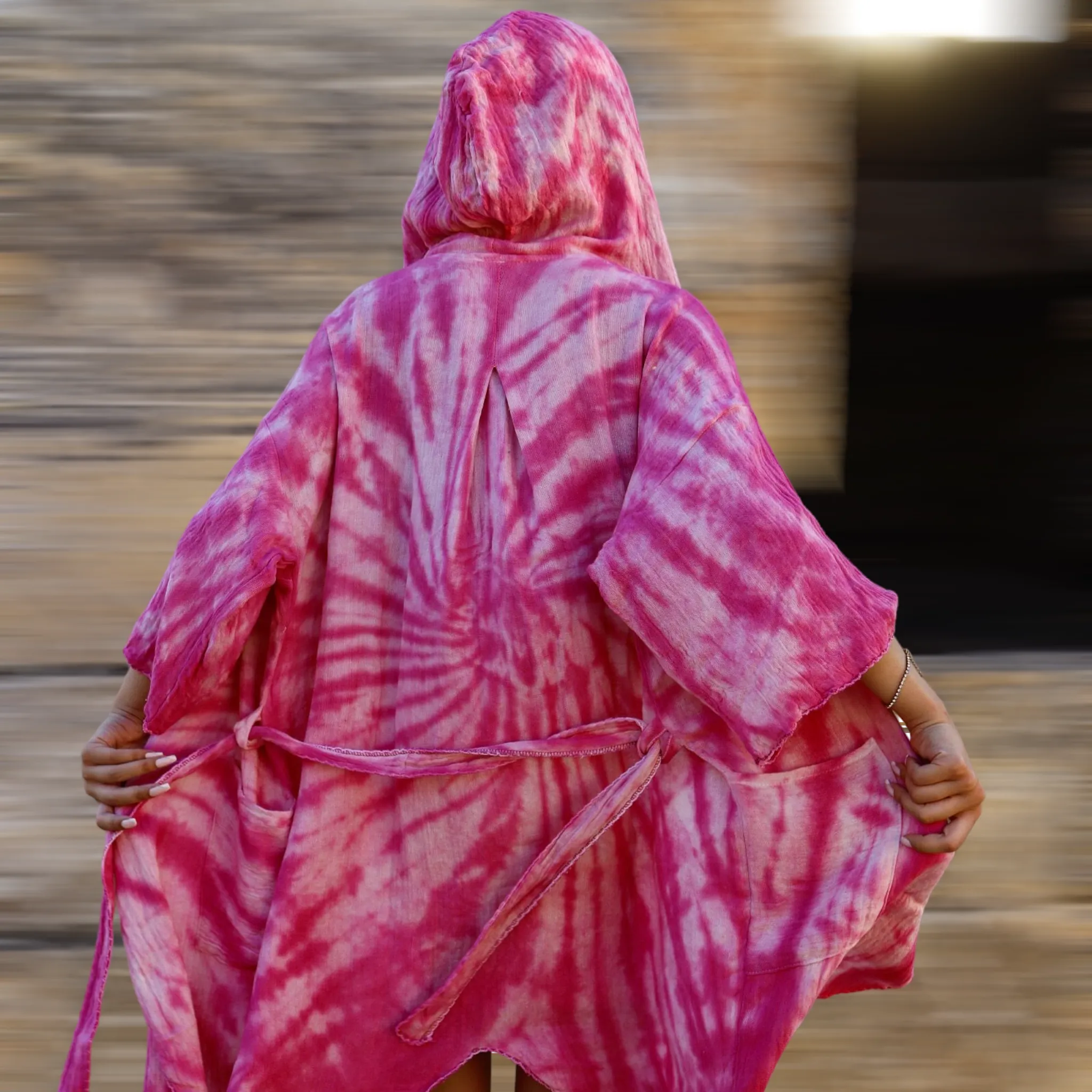 Natural Cotton Hand Woven Tie Dye Barbie Pink Beach Kimono Kaftan