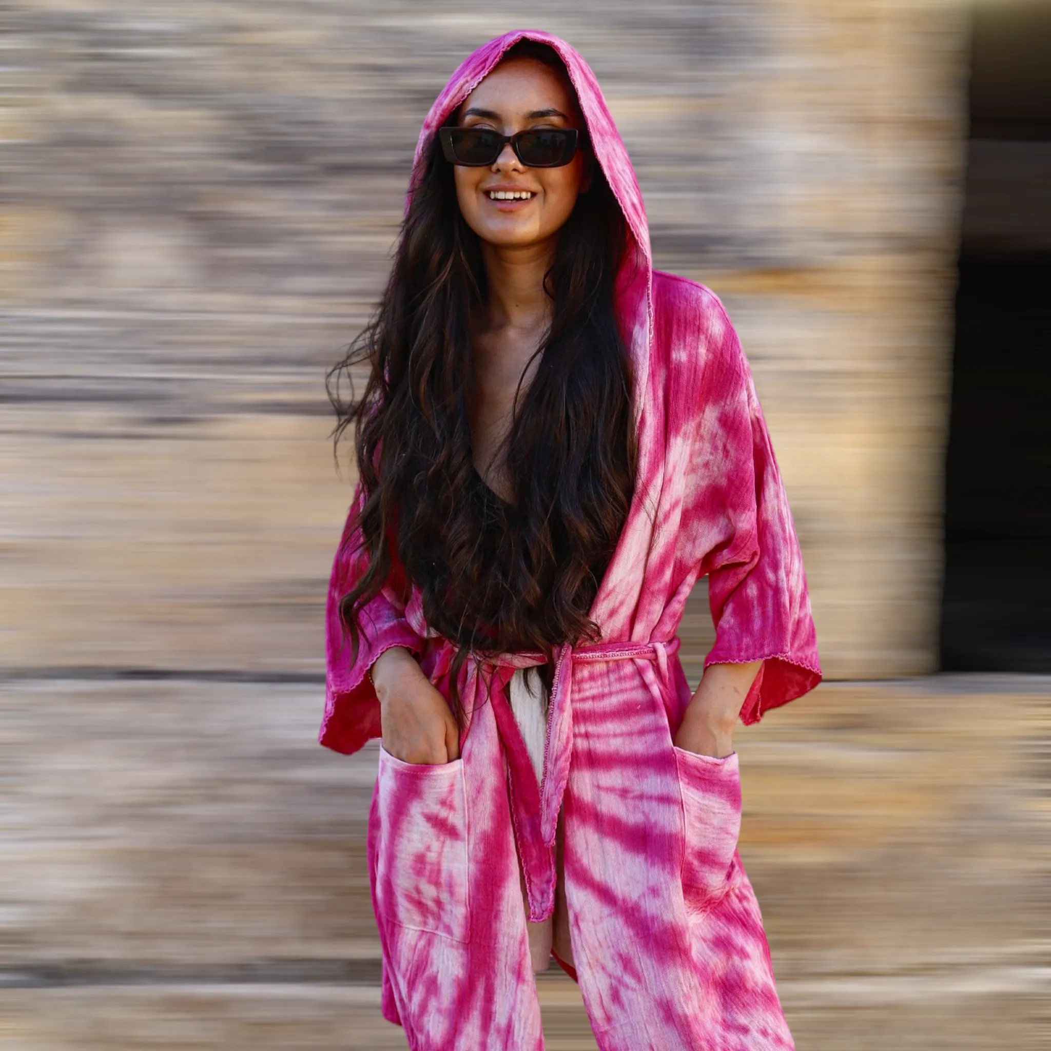 Natural Cotton Hand Woven Tie Dye Barbie Pink Beach Kimono Kaftan