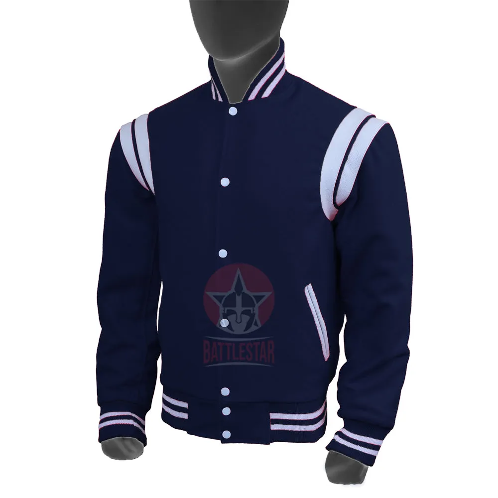 Navy Blue Wool White Leather Stripes Varsity Jacket