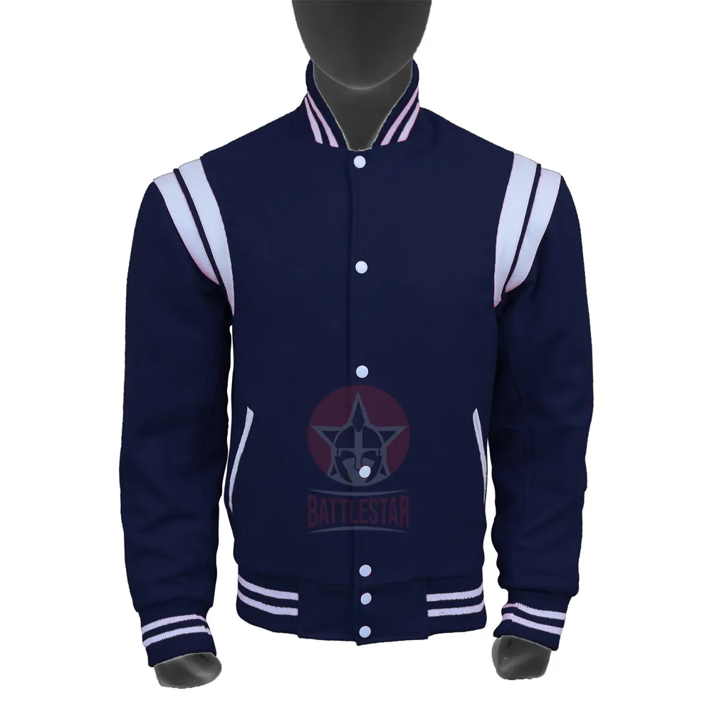 Navy Blue Wool White Leather Stripes Varsity Jacket