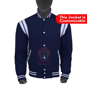 Navy Blue Wool White Leather Stripes Varsity Jacket