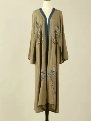 Nightwear Flower Embroidered Army-Green Color Cotton Long Length Gown Robe