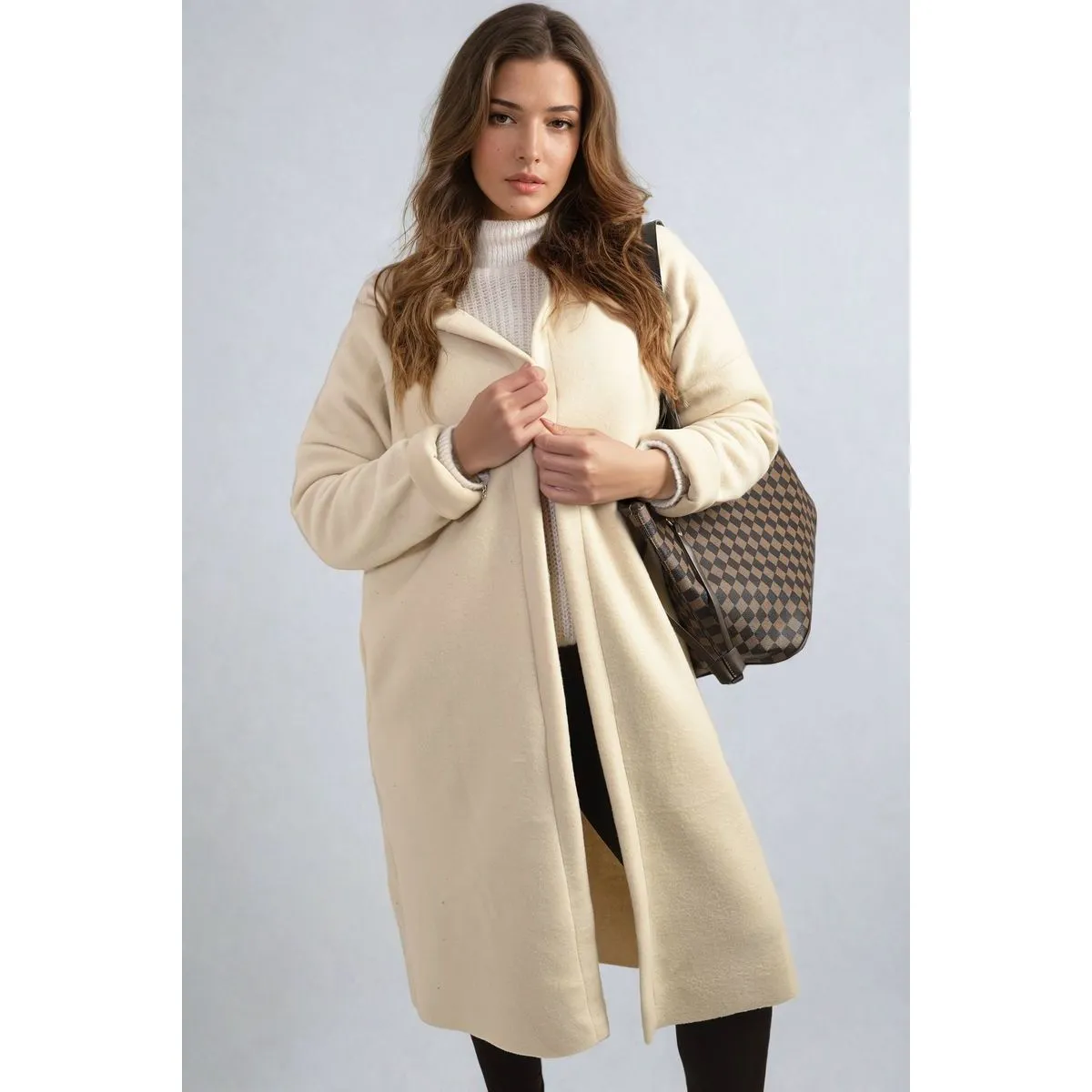 Open Front Folded Sleeve Long Coat Jacket