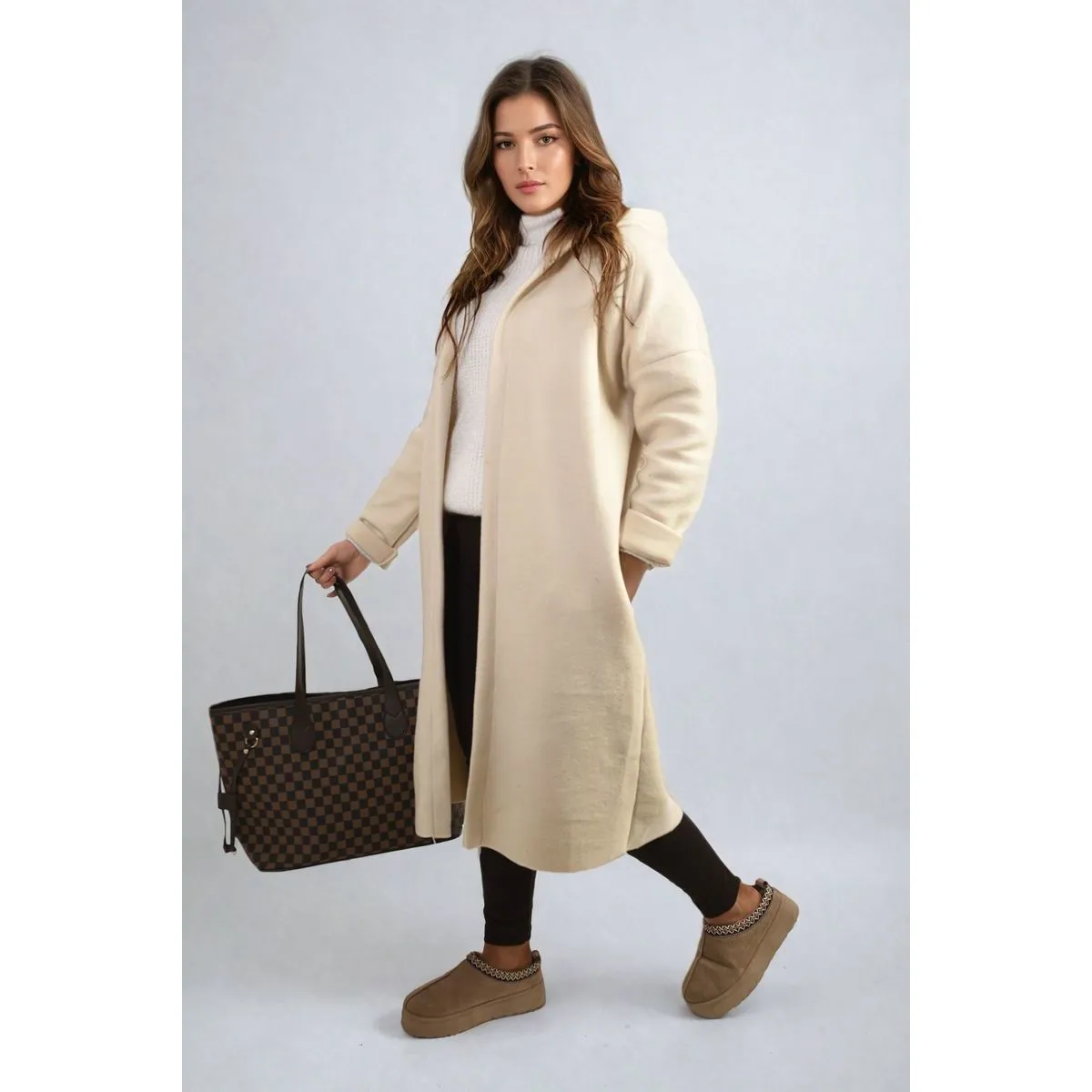 Open Front Folded Sleeve Long Coat Jacket