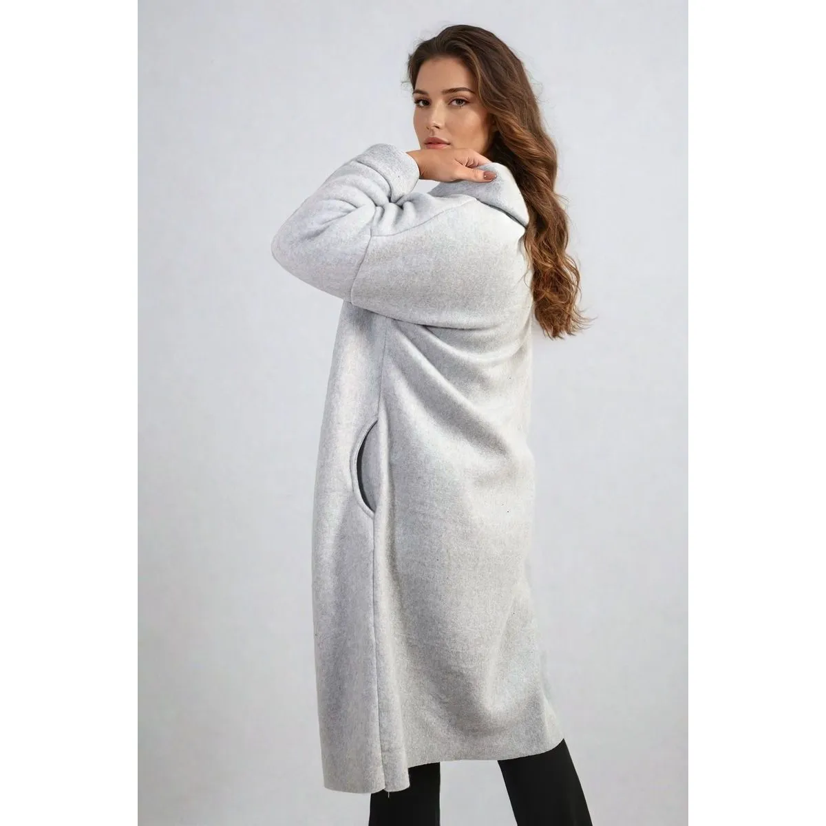 Open Front Folded Sleeve Long Coat Jacket