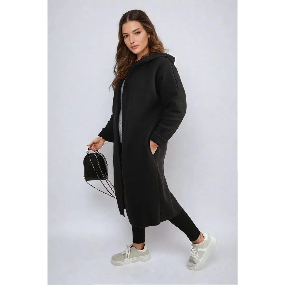 Open Front Folded Sleeve Long Coat Jacket