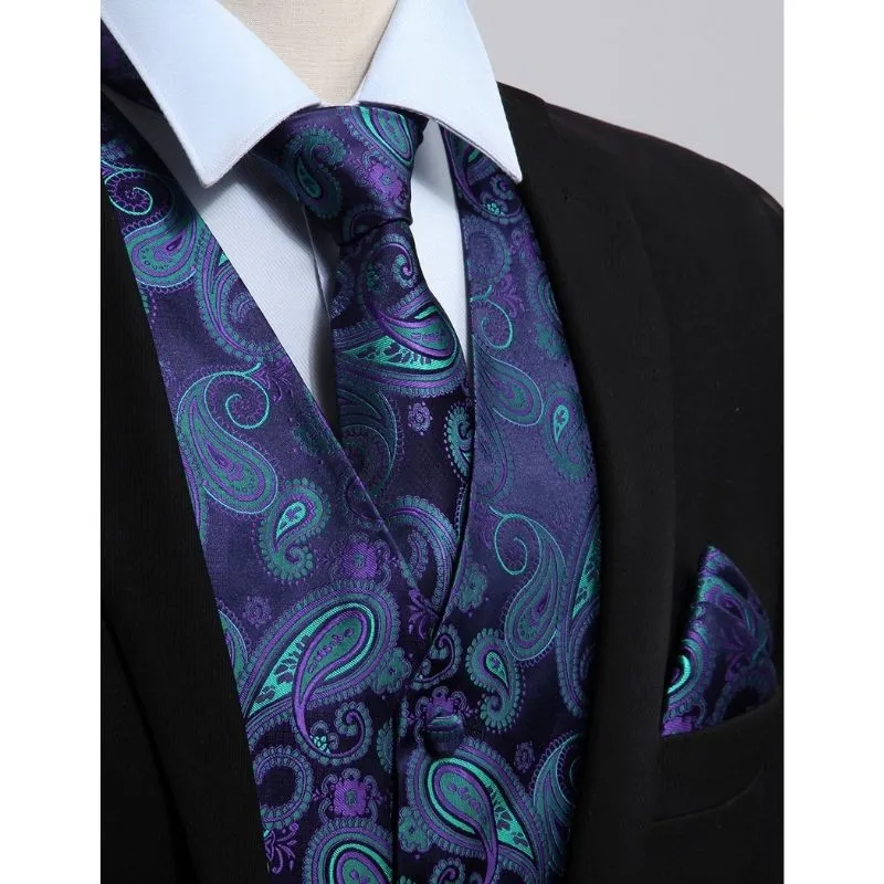 Paisley Suit Vest Tie Handkerchief Set - PURPLE & GREEN