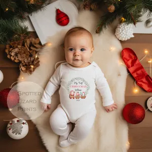 Personalised First Christmas Baby Outfit- My First Christmas Sleepsuit or Vest - 1st Xmas Santa Train Wreath