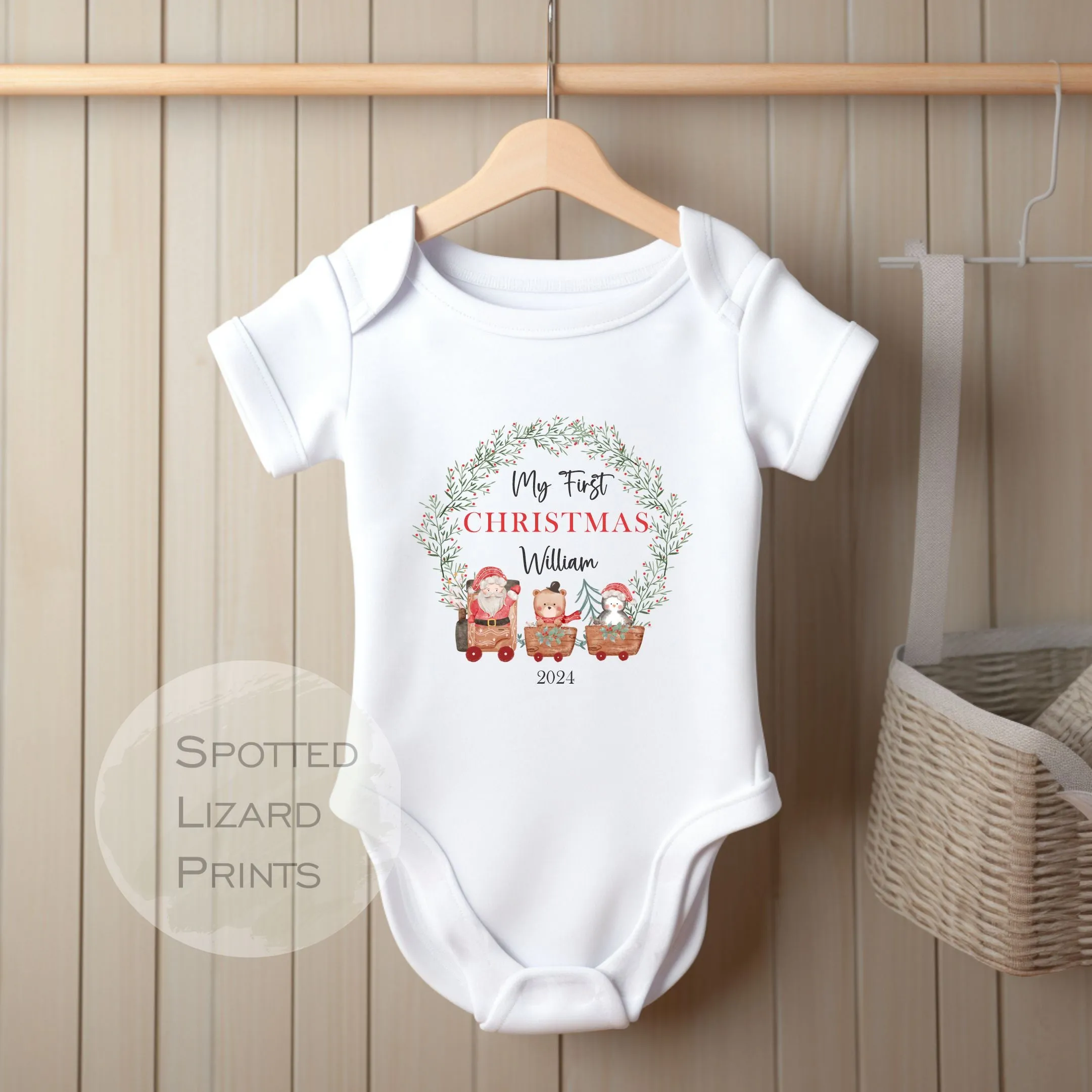 Personalised First Christmas Baby Outfit- My First Christmas Sleepsuit or Vest - 1st Xmas Santa Train Wreath