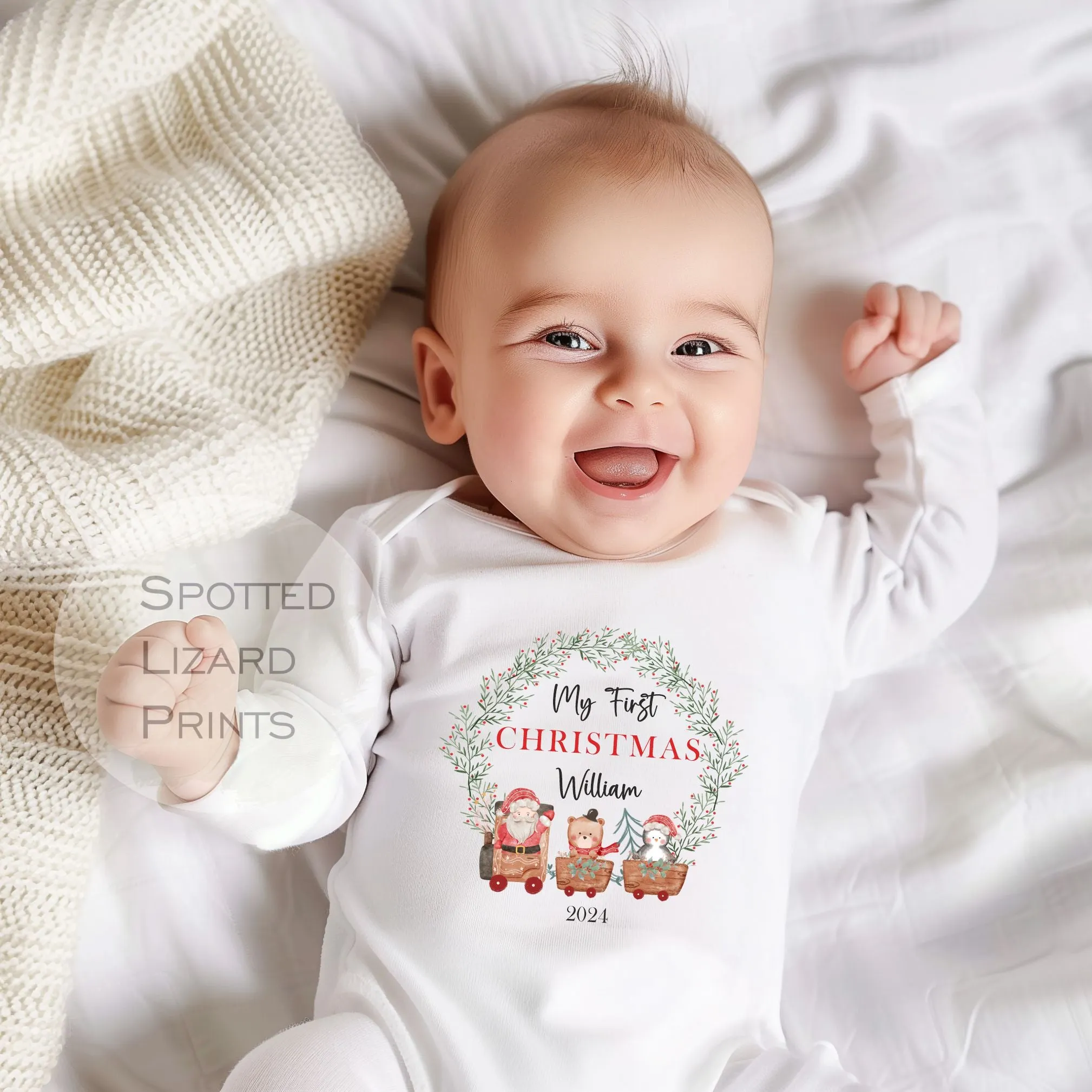 Personalised First Christmas Baby Outfit- My First Christmas Sleepsuit or Vest - 1st Xmas Santa Train Wreath