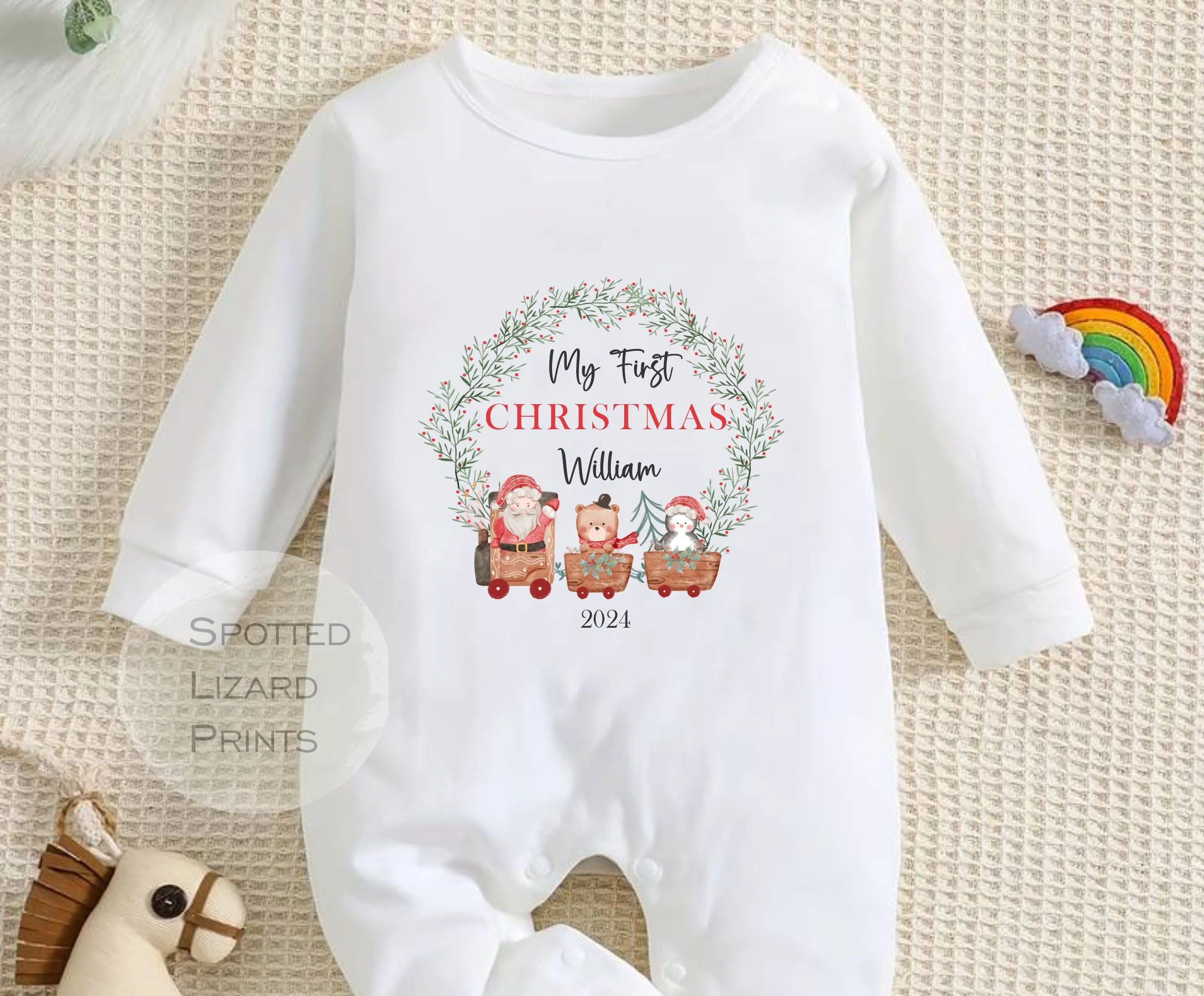 Personalised First Christmas Baby Outfit- My First Christmas Sleepsuit or Vest - 1st Xmas Santa Train Wreath