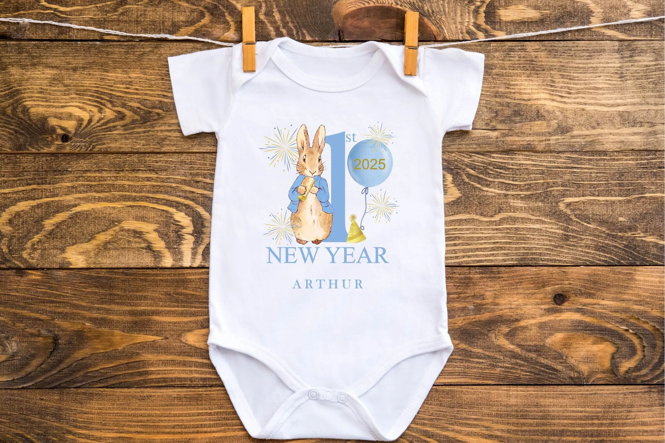 Personalised Peter Rabbit First New Years Eve Baby Outfit- My First New Years Eve Sleepsuit or Vest- 1st New Year Peter Rabbit