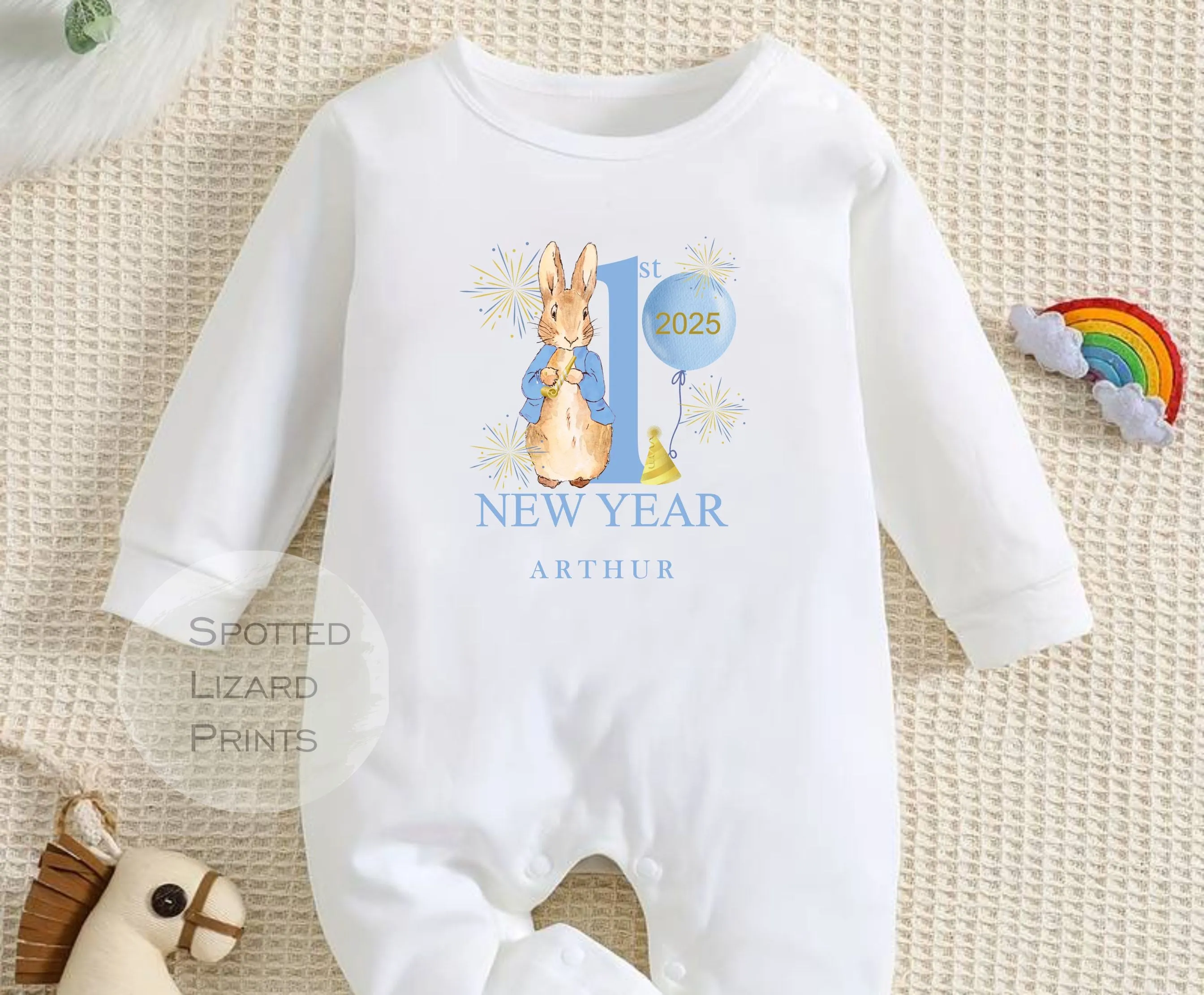 Personalised Peter Rabbit First New Years Eve Baby Outfit- My First New Years Eve Sleepsuit or Vest- 1st New Year Peter Rabbit