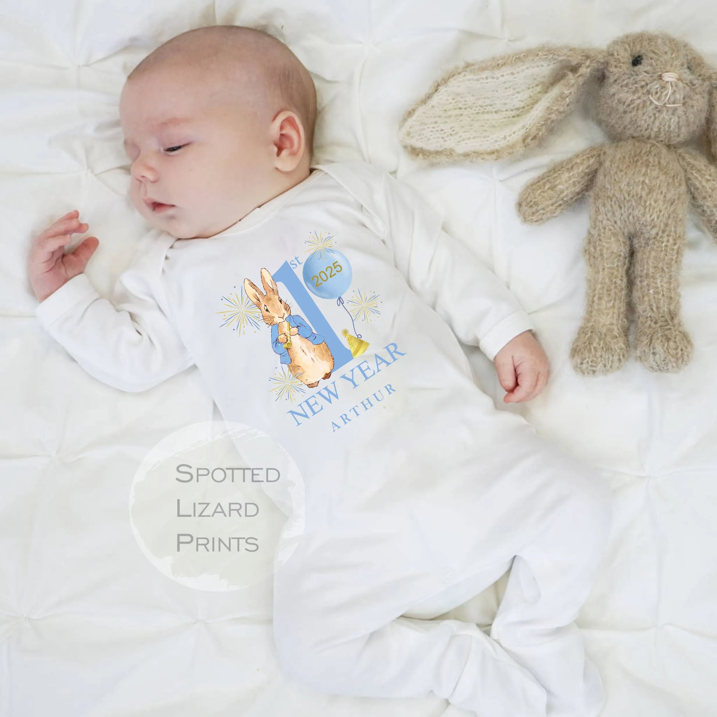 Personalised Peter Rabbit First New Years Eve Baby Outfit- My First New Years Eve Sleepsuit or Vest- 1st New Year Peter Rabbit