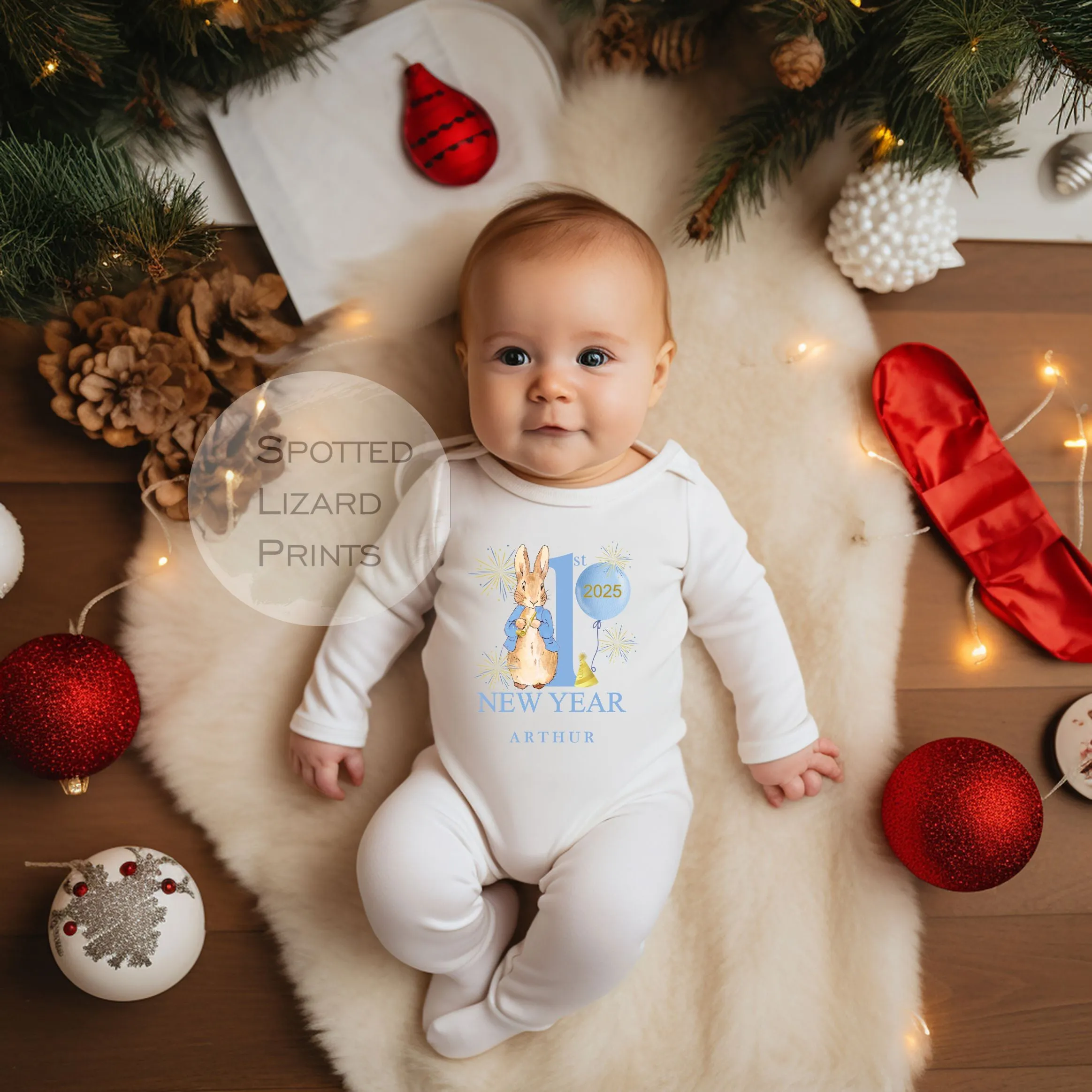 Personalised Peter Rabbit First New Years Eve Baby Outfit- My First New Years Eve Sleepsuit or Vest- 1st New Year Peter Rabbit