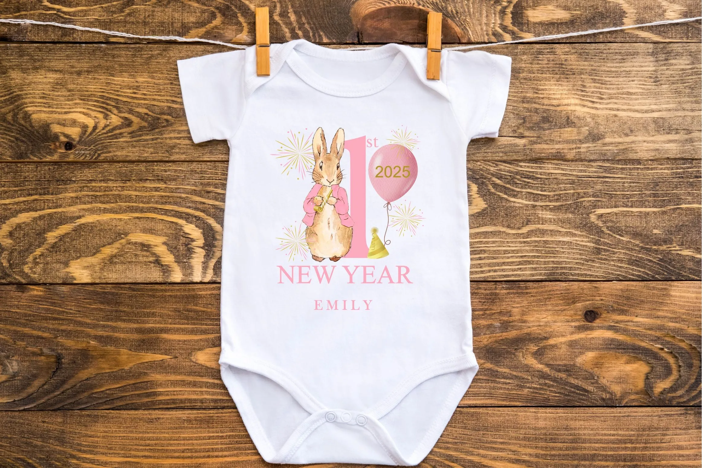 Personalised Peter Rabbit First New Years Eve Baby Outfit- My First New Years Eve Sleepsuit or Vest- 1st New Year Peter Rabbit