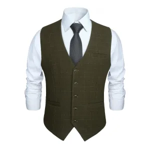 Plaid Slim Suit Vest - A-OLIVE GREEN