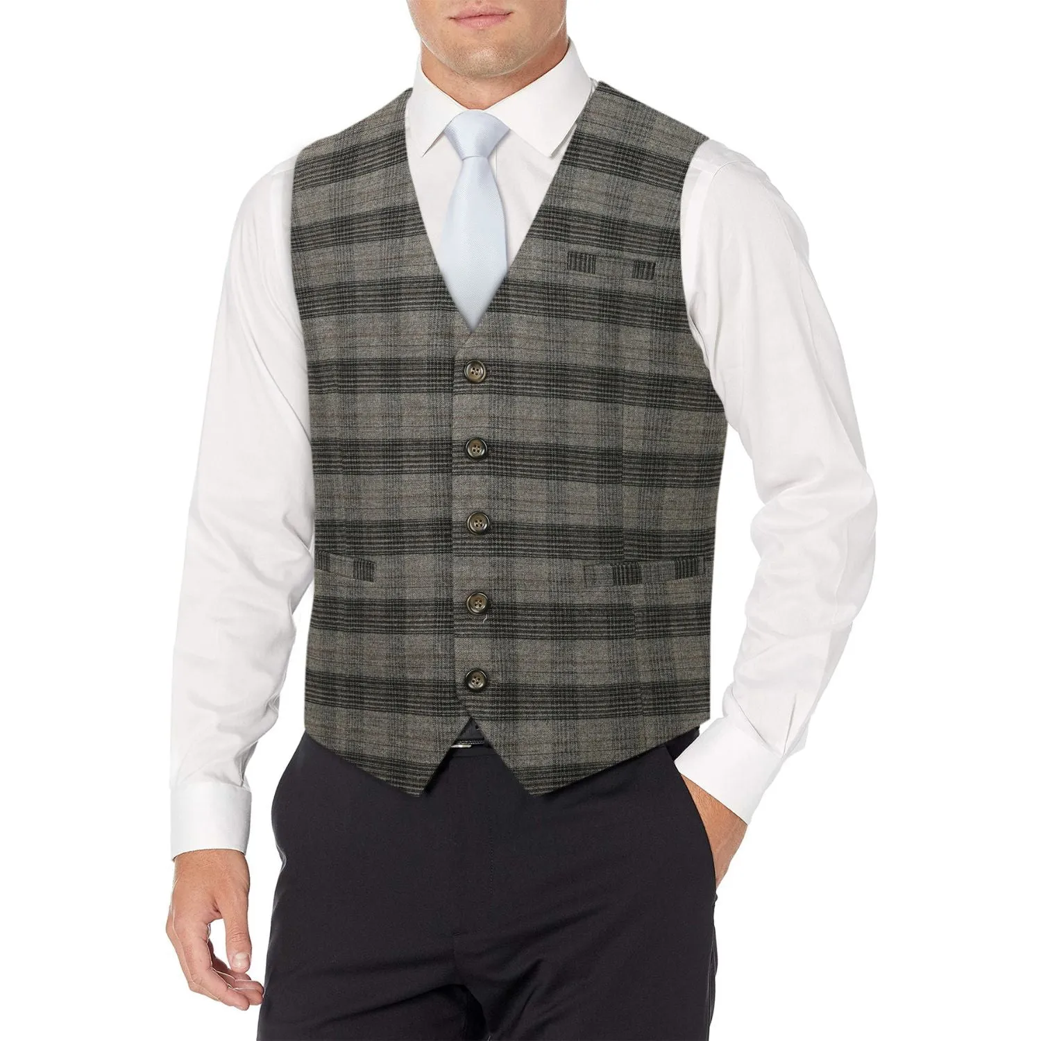 Plaid Slim Suit Vest - B1-BROWN