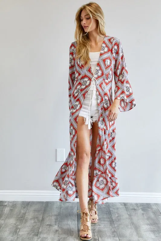 Printed Long Sleeve Loose Kimono