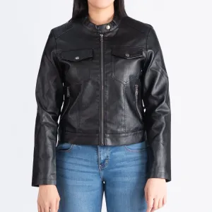 RRJ Basic Leather Jacket for Ladies with Zipper Trendy Fashion High Quality Apparel Comfortable Casual Jacket for Ladies Regular Fitting 132486 (Black)