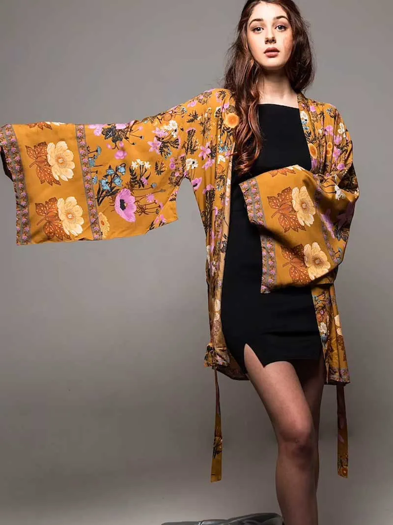 Short Kimono With Floral Print Yellow Color Cotton Viscose Short Length Gown Kimono Duster Robe