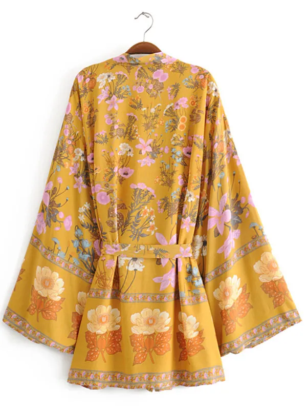 Short Kimono With Floral Print Yellow Color Cotton Viscose Short Length Gown Kimono Duster Robe