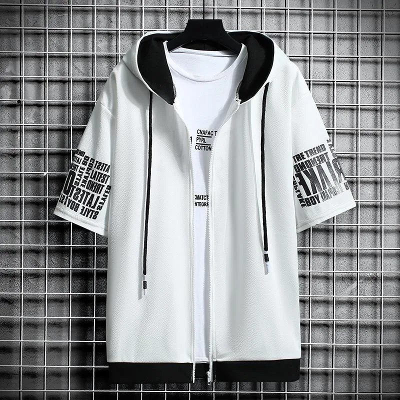 Short Sleeve Hooded Tops Trendy Slim Look Zipper Outerwear Jacket Outerwear