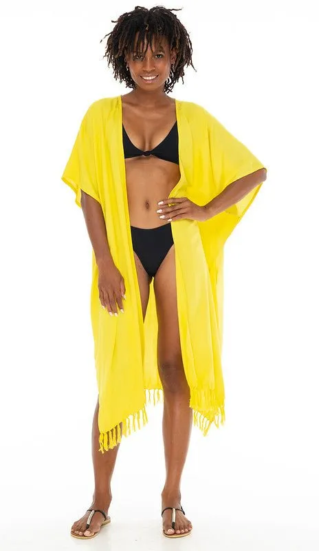 SHU-SHI Womens Kimono Cardigan Fringe Swimwear Robe Beach Open Front Solid Color