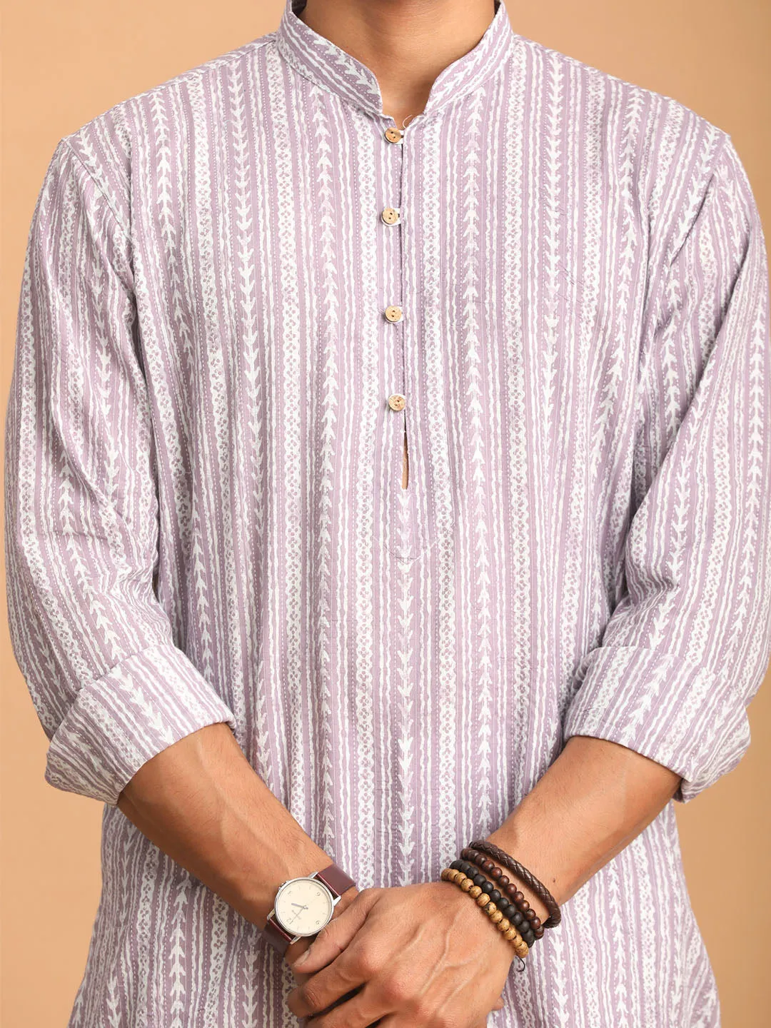 SHVAAS By VASTRAMAY Men's Purple And White Batik Printed Kurta