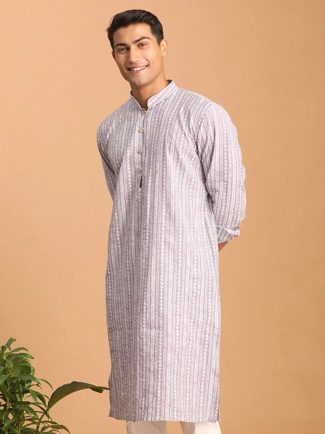 SHVAAS By VASTRAMAY Men's Purple And White Batik Printed Kurta