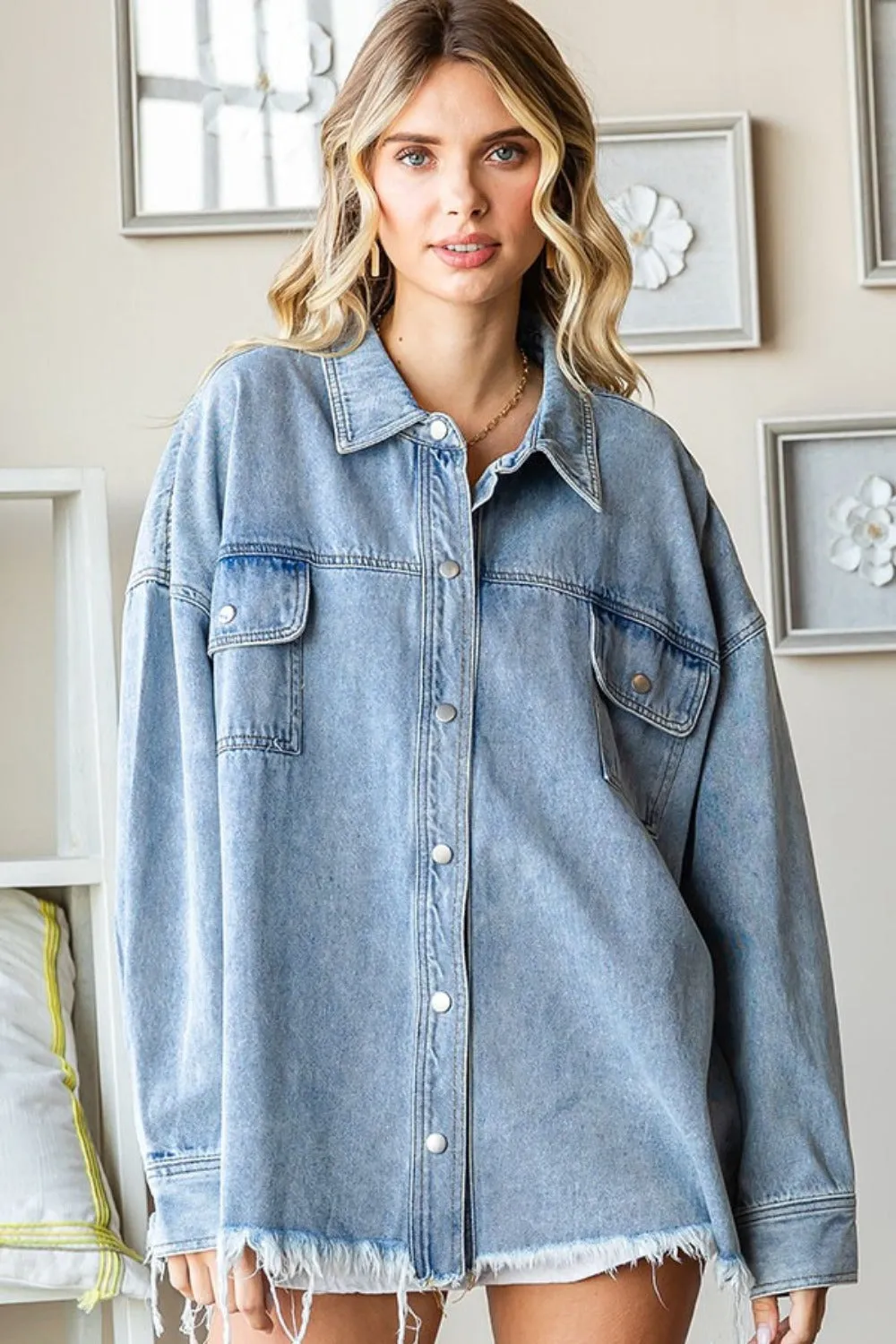 Smile Face Raw Hem Denim Jacket