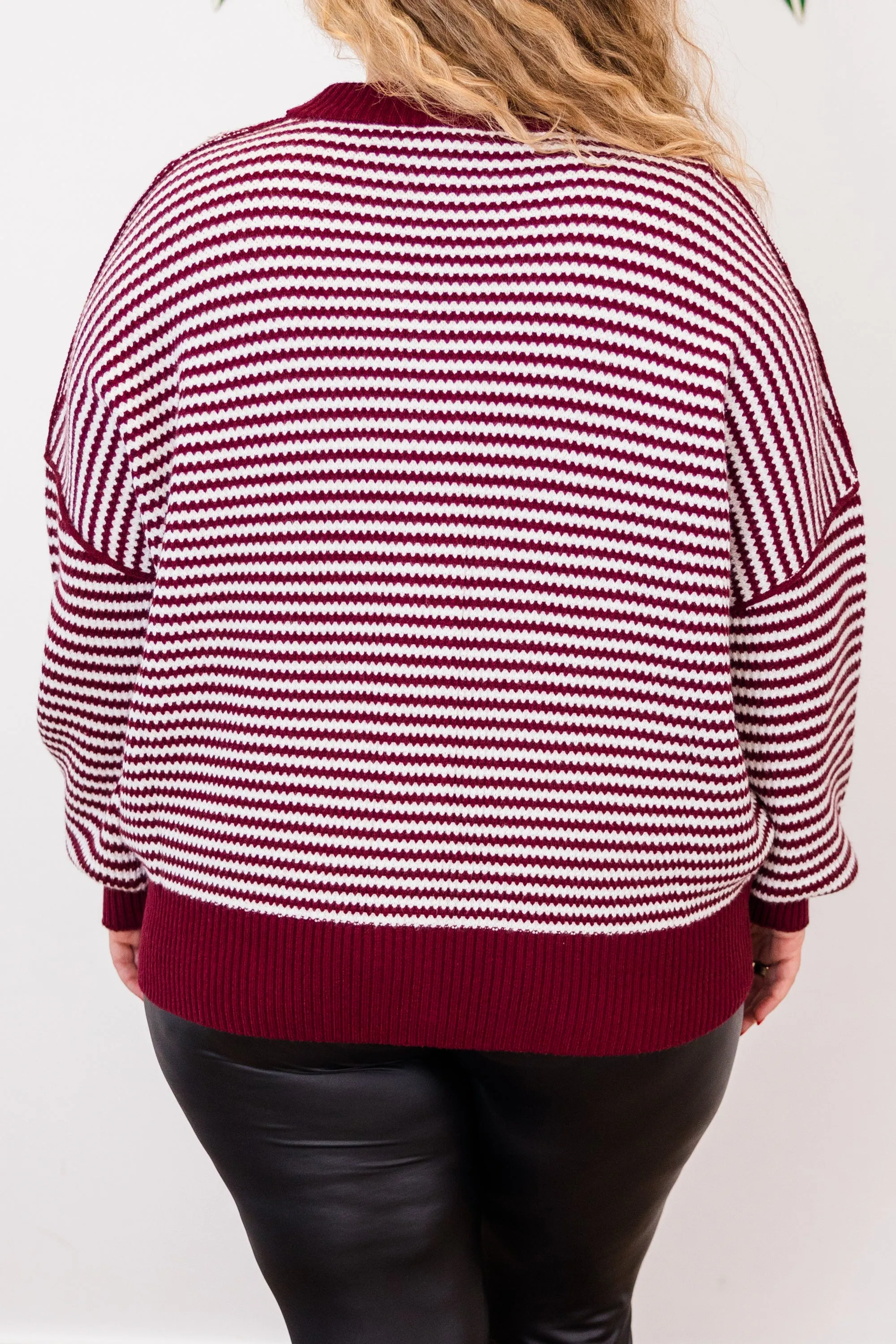 Snuggly Stripe Button-Up Sweater, Crimson-Ivory