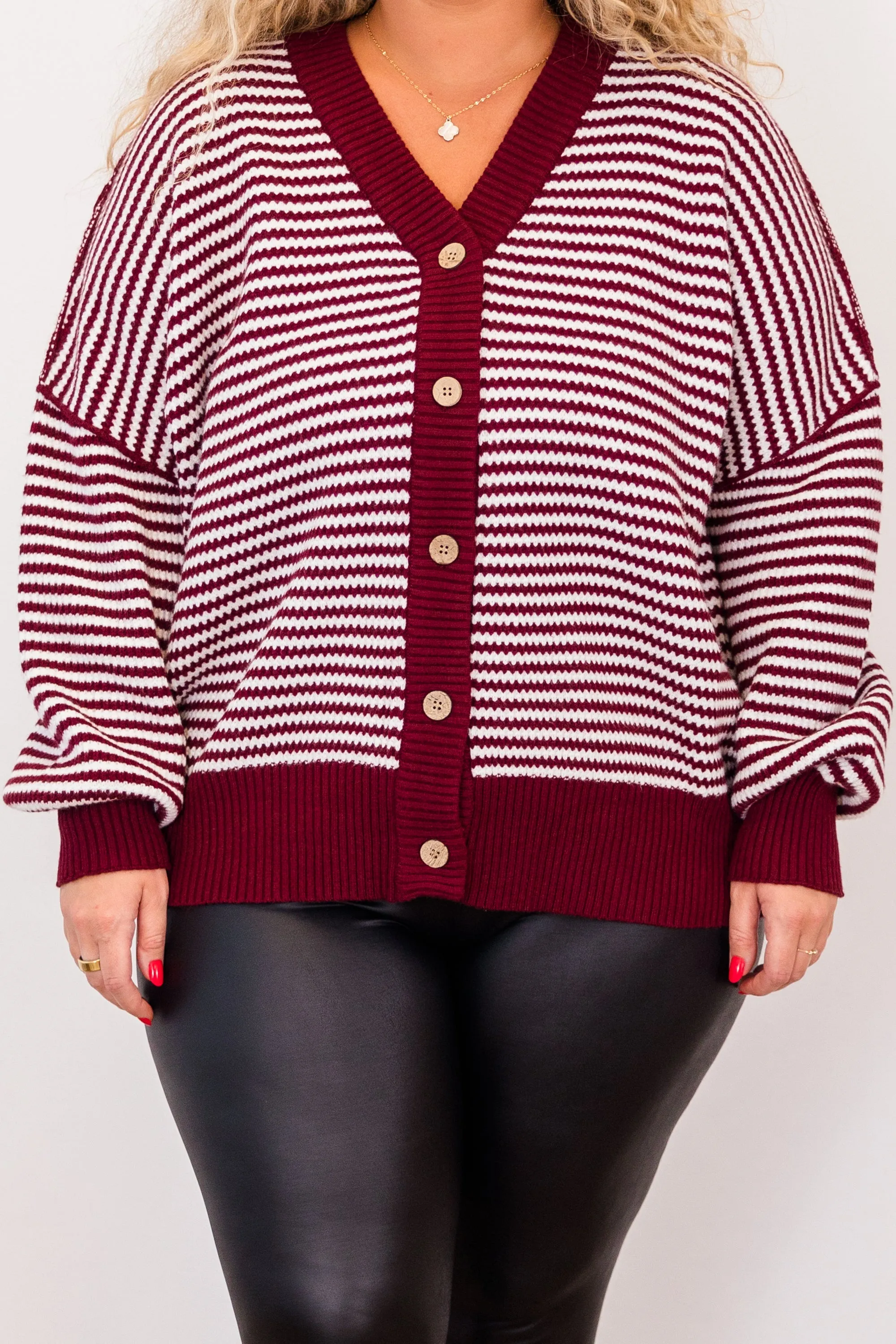 Snuggly Stripe Button-Up Sweater, Crimson-Ivory