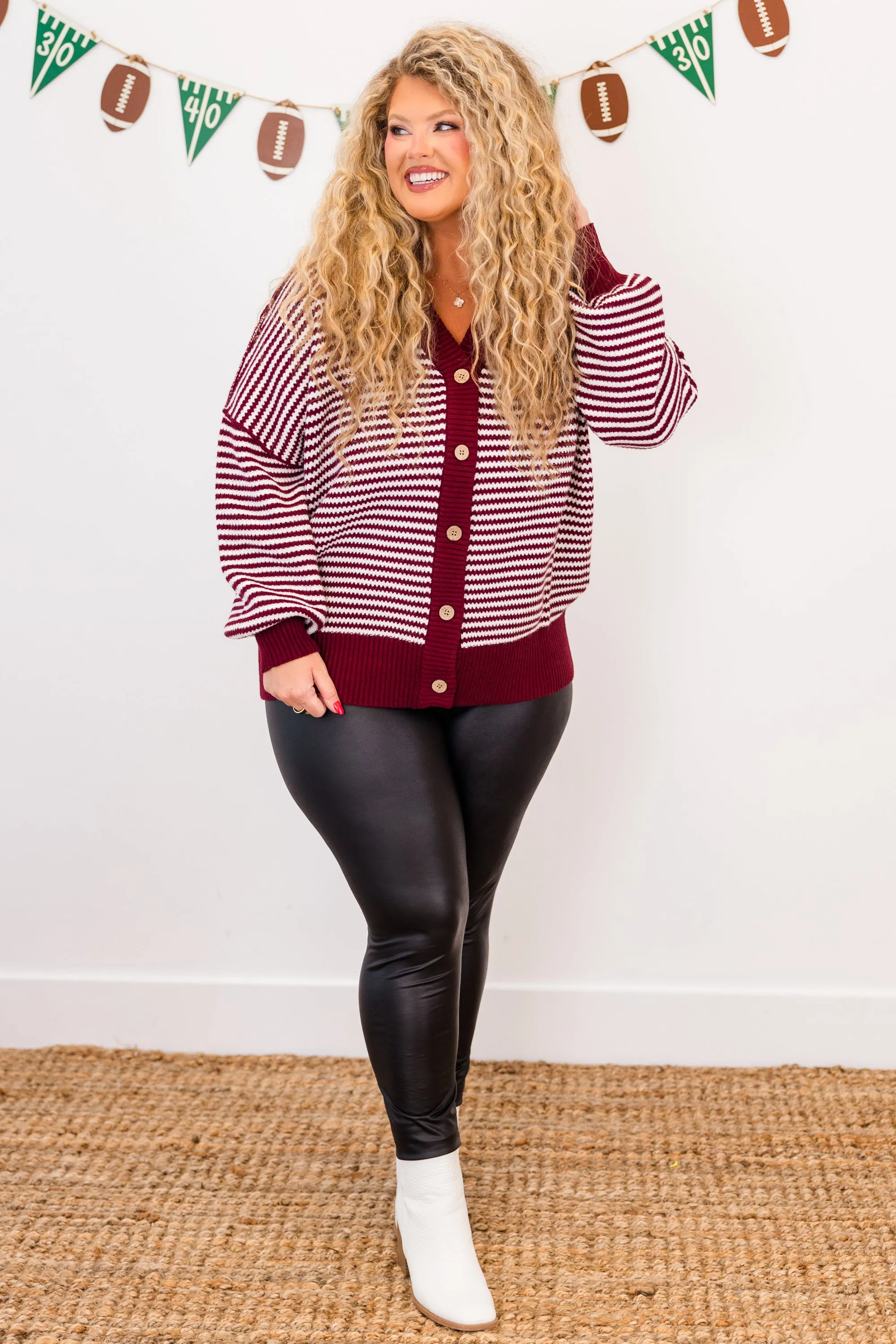 Snuggly Stripe Button-Up Sweater, Crimson-Ivory