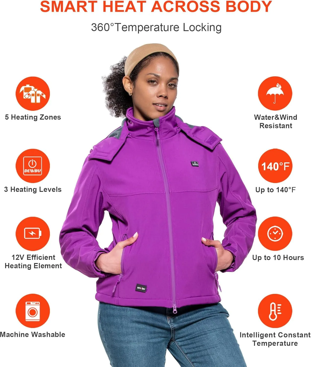 Soft Shell Heated Jacket for Women with 12V Battery Pack and Detachable Hood Outdoor Electric Heating Coat