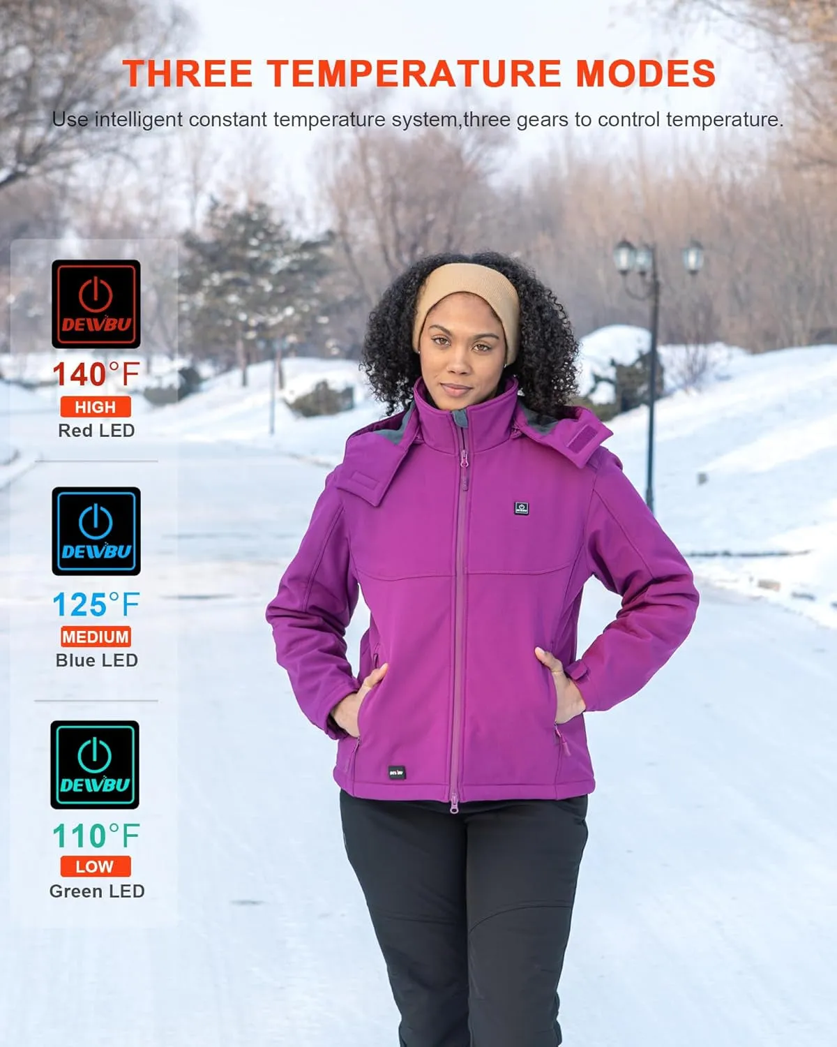 Soft Shell Heated Jacket for Women with 12V Battery Pack and Detachable Hood Outdoor Electric Heating Coat