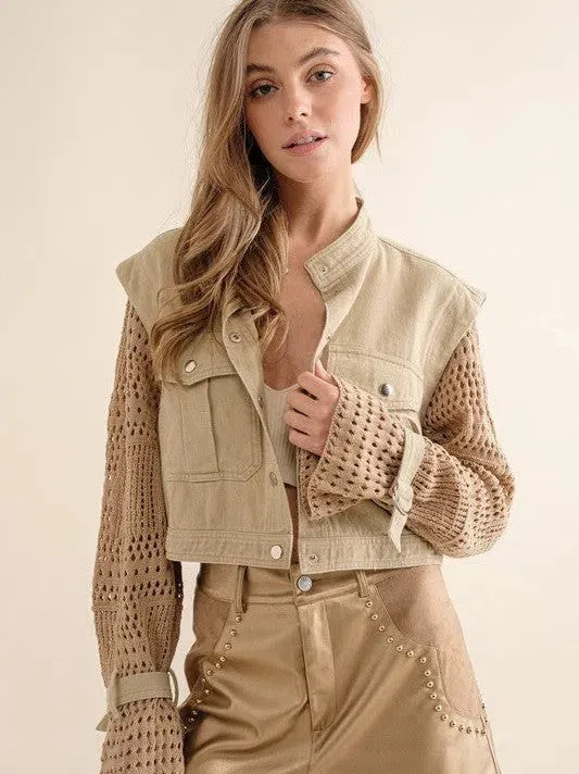 Spreading Cheer Twill Crop Crochet Jacket