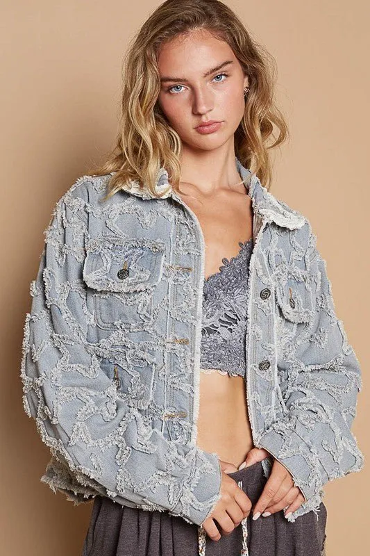 Star Textured Raw Hem Long Sleeve Denim Jacket