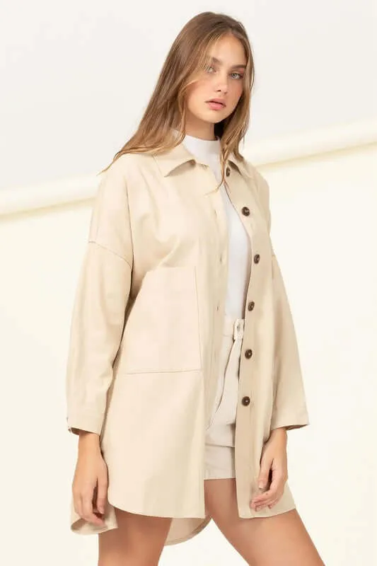 Sweet Fling Oversized Shirt Jacket in Beige / Brown