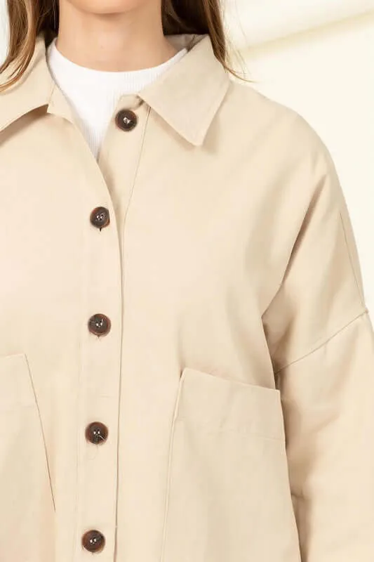 Sweet Fling Oversized Shirt Jacket in Beige / Brown