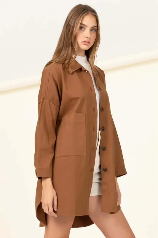 Sweet Fling Oversized Shirt Jacket in Beige / Brown