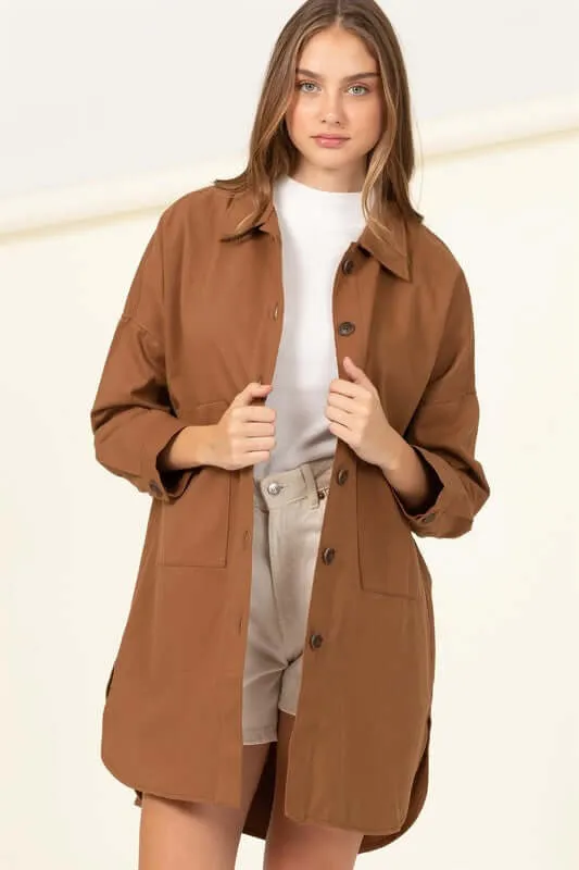 Sweet Fling Oversized Shirt Jacket in Beige / Brown