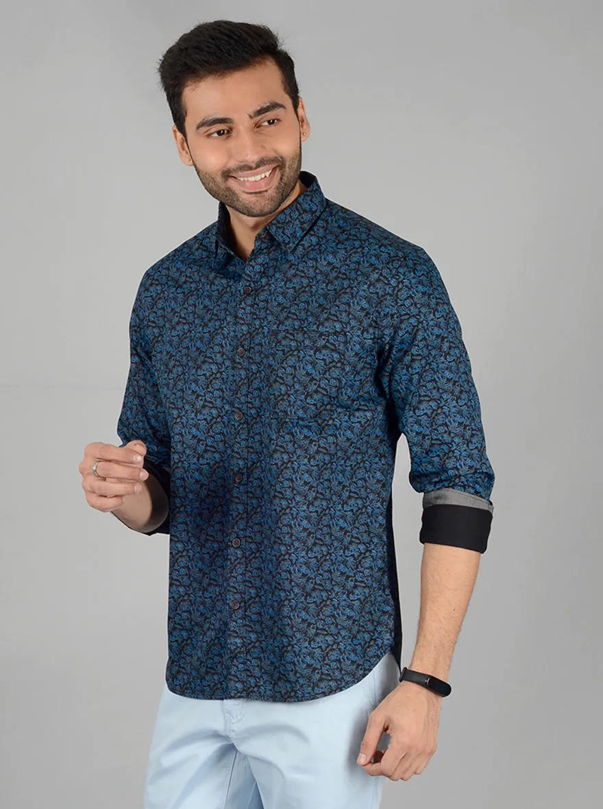 Teal Blue Printed Slim Fit Casual Shirt | Greenfibre