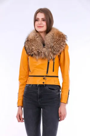 Vibrant Yellow Sheepskin Leather Biker Jacket with Removable Fur Collar