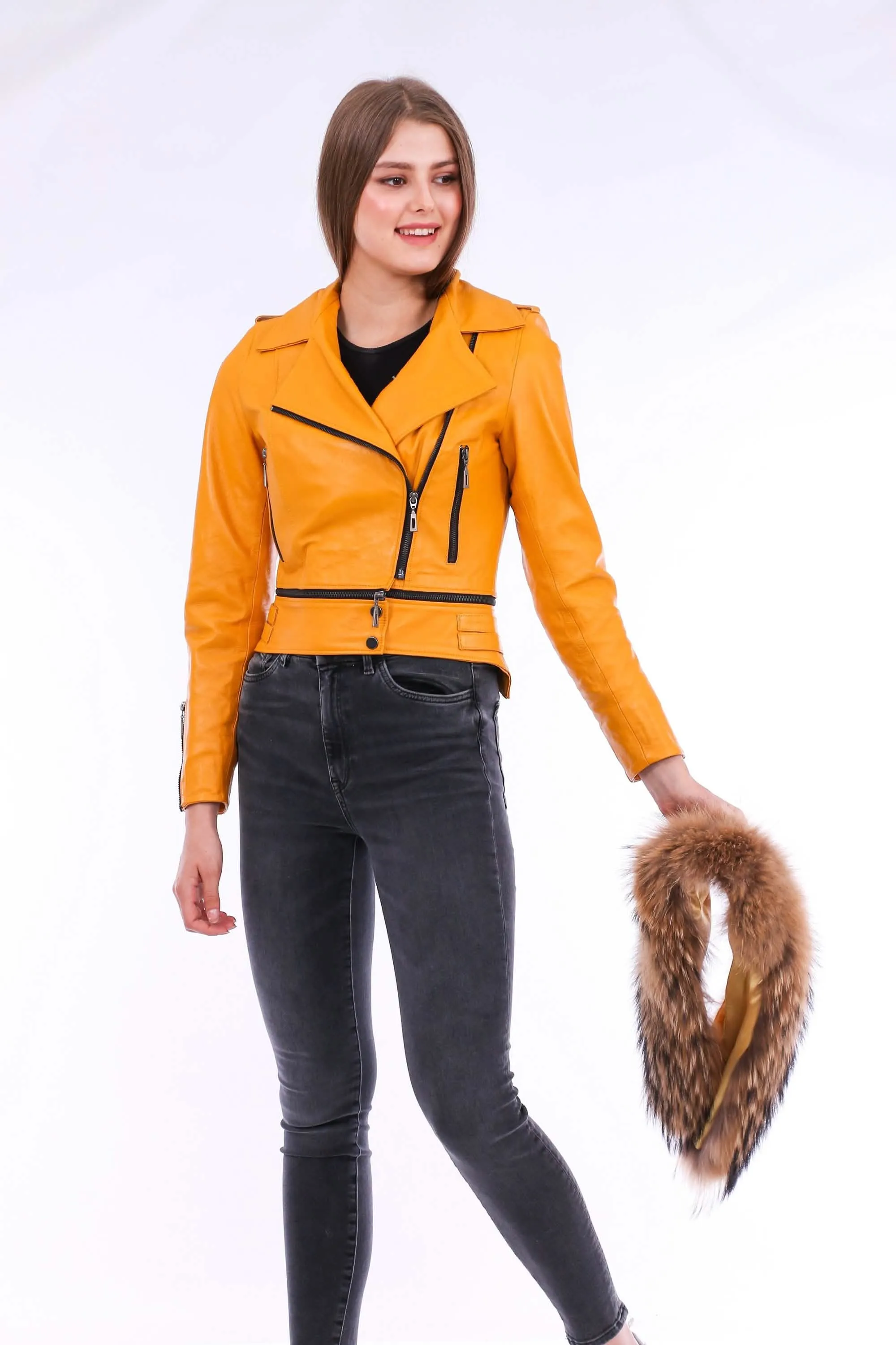 Vibrant Yellow Sheepskin Leather Biker Jacket with Removable Fur Collar