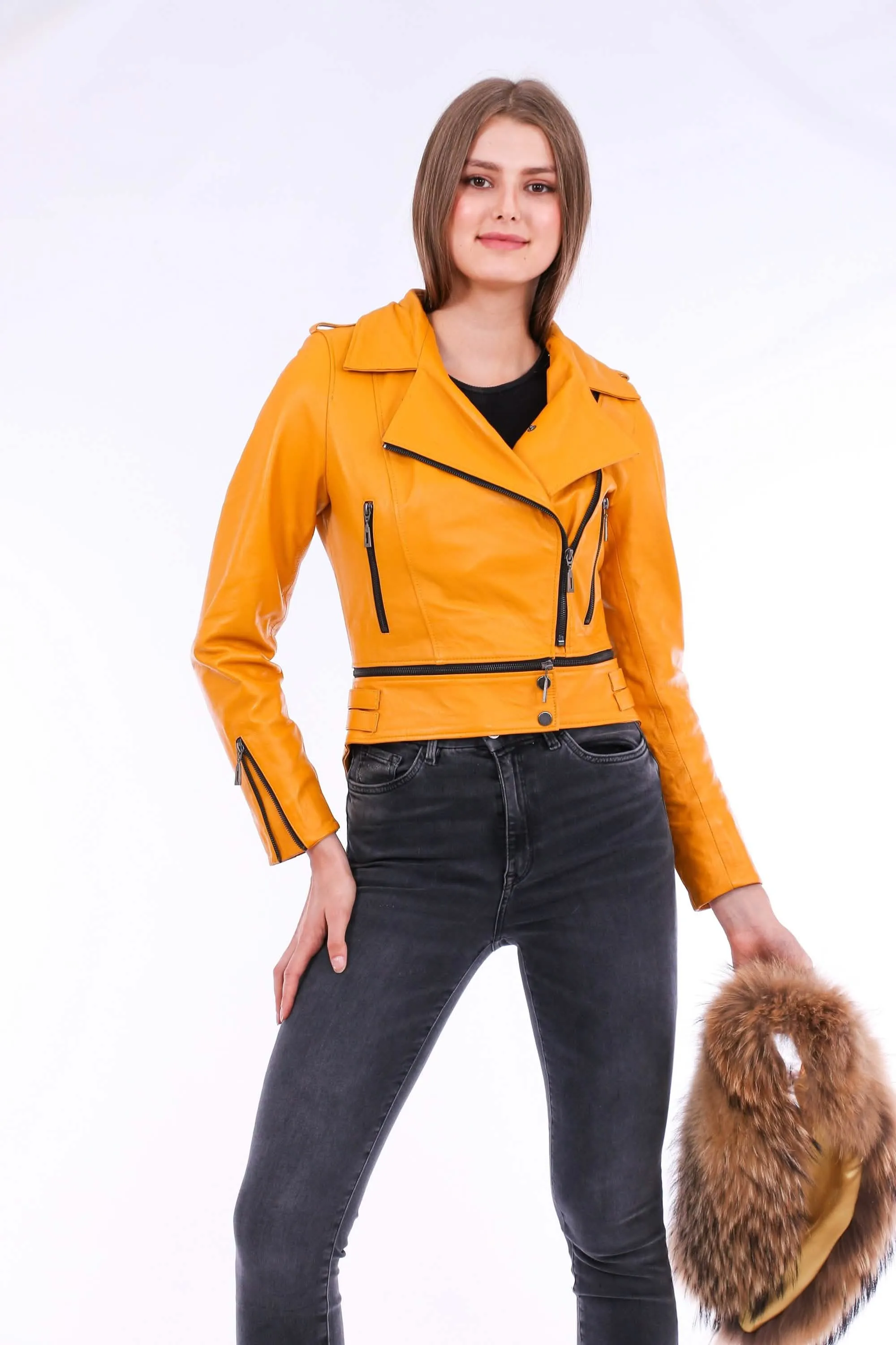 Vibrant Yellow Sheepskin Leather Biker Jacket with Removable Fur Collar