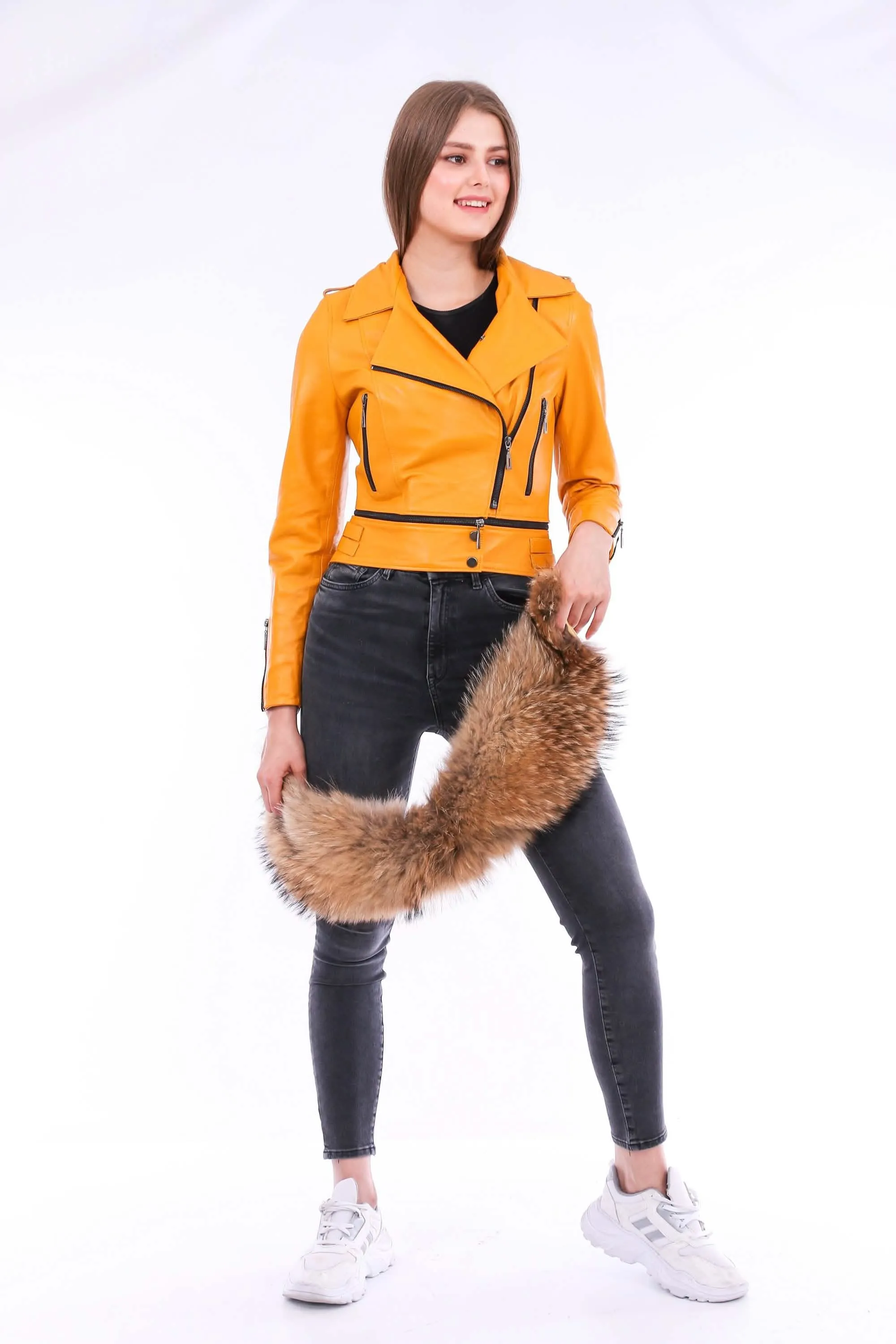 Vibrant Yellow Sheepskin Leather Biker Jacket with Removable Fur Collar