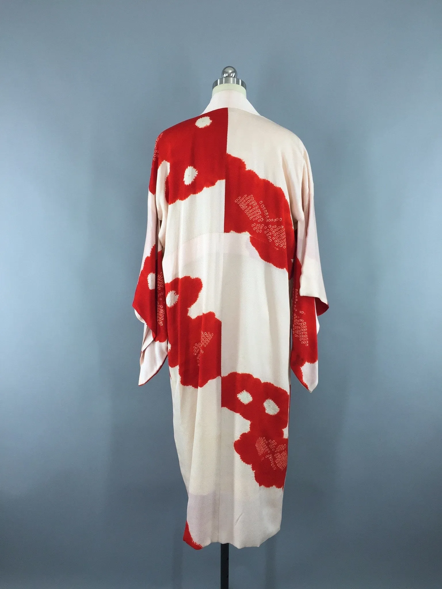 Vintage 1930s Silk Kimono Robe with Pale Pink and Red Shibori Juban